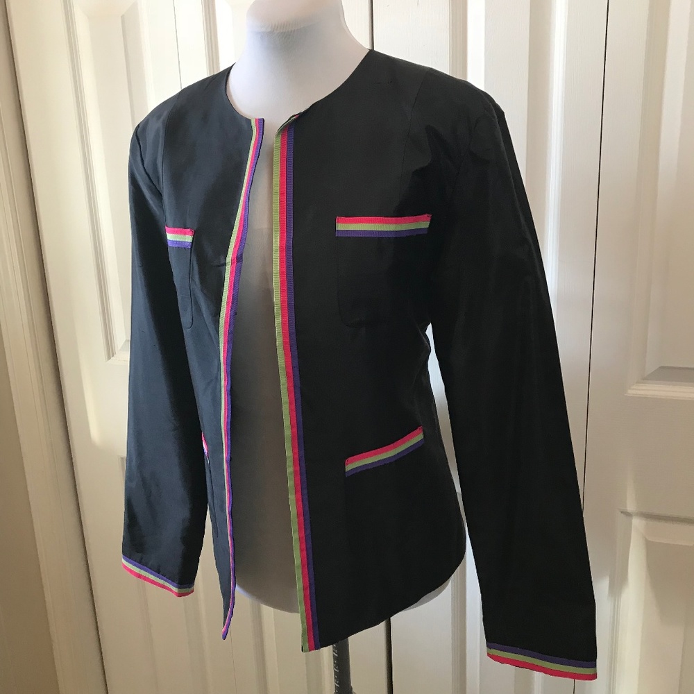 Open Front Ribbon Detailed Black Jacket Blazer 10 - Picture 3 of 5